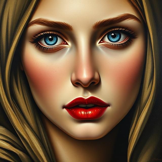 STUNNING WOMAN WITH RADIANT BLUE EYES AND GLOSSY RED LIPS.