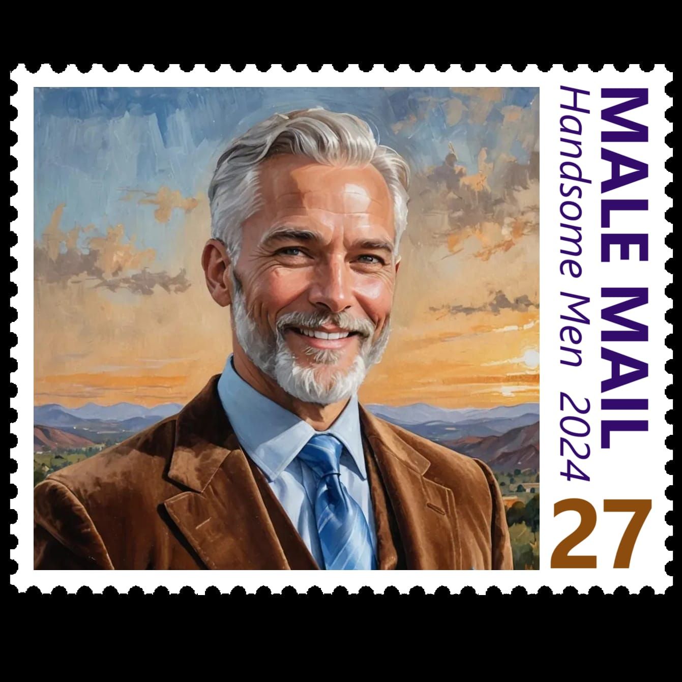 Amazing stamp featuring a handsome silver daddy wearing a br...