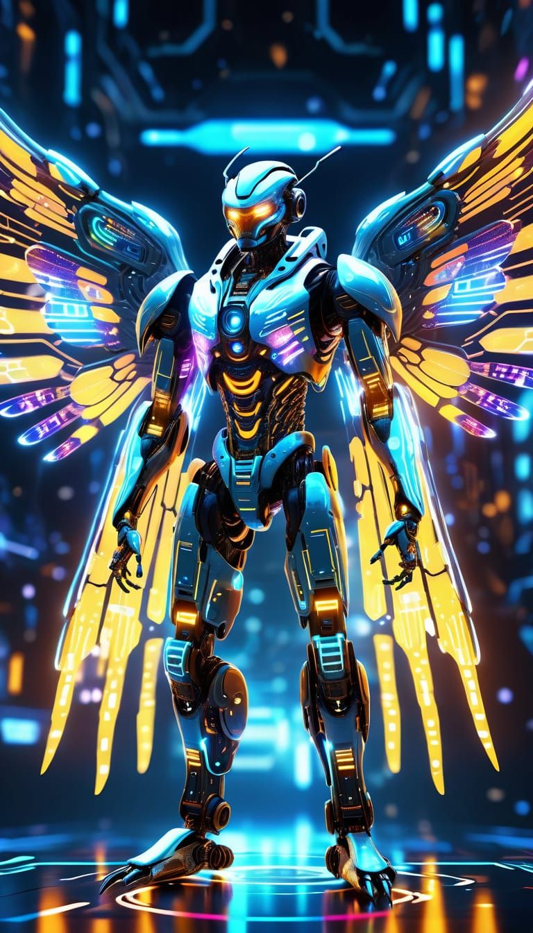 Digital Future Being
"A futuristic digital creature with embedded glowing chips, transparent illuminated wings made of holographic light, sl...