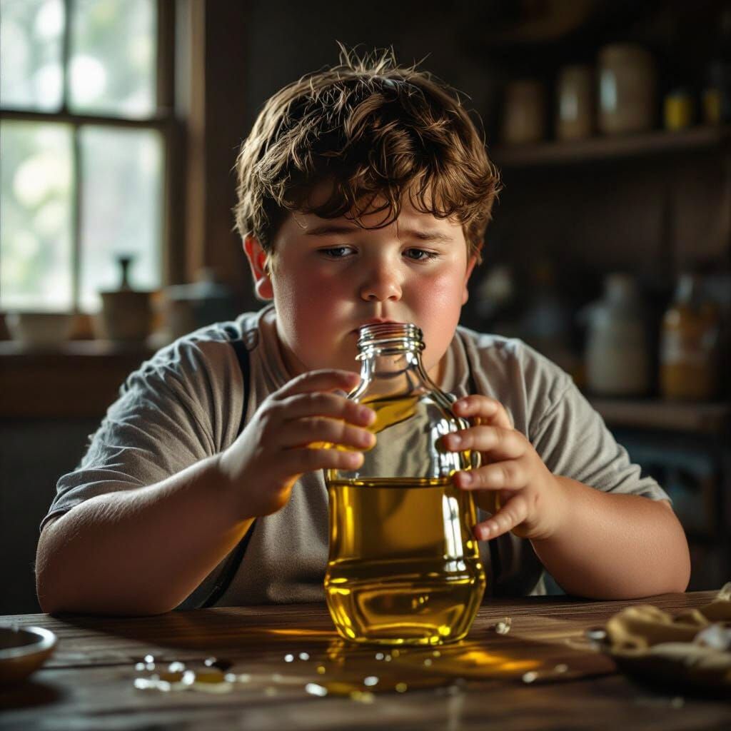 Photorealistic Image of a Heavyset Boy Drinking Oil