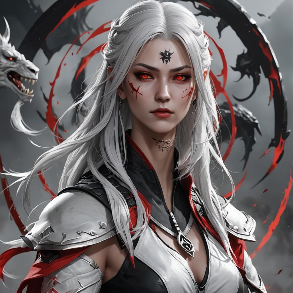 Jataaka from Mortal Kombat, white skin, white hair, red and ...