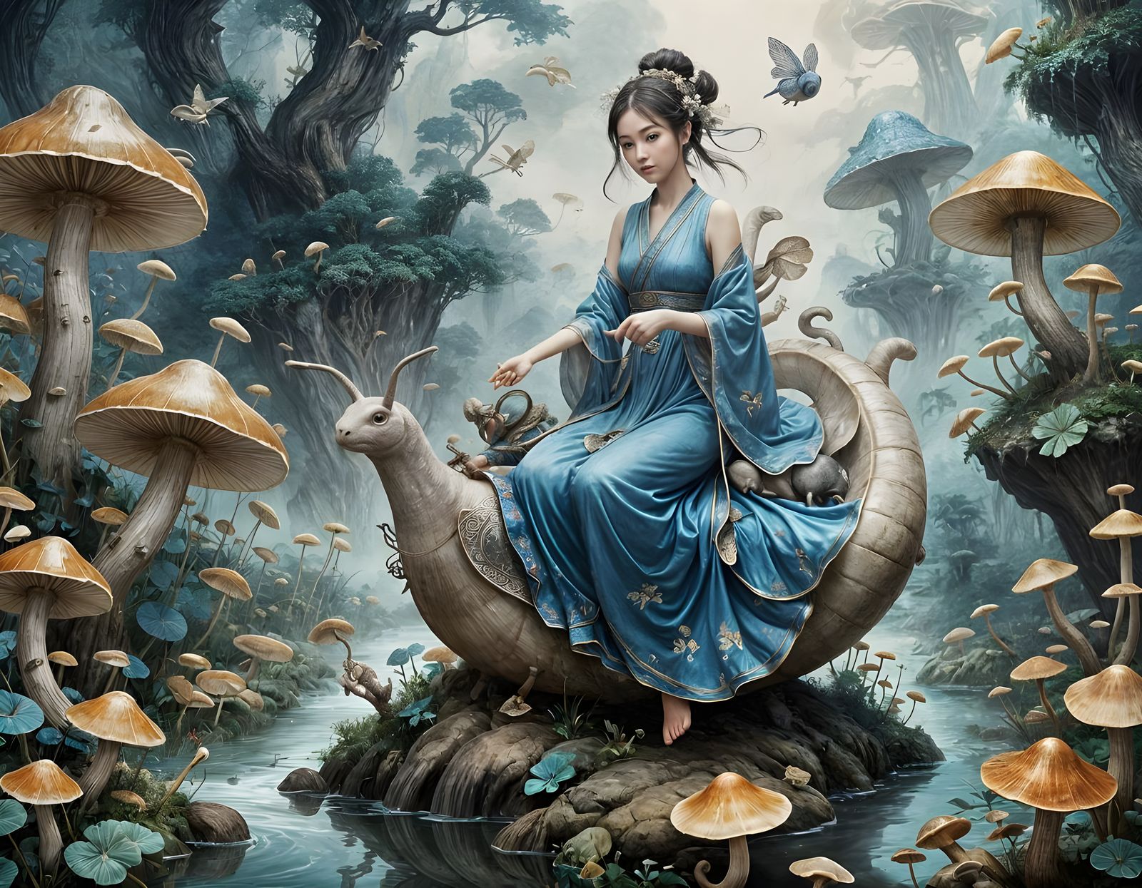 chinese ink painting with delicate brushstrokes and subtle gradations of tone, fantasy illustration, ...  by @tsahel