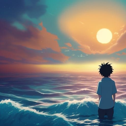Premium Photo | Anime scene of a blue ocean with a boat in the distance  generative ai