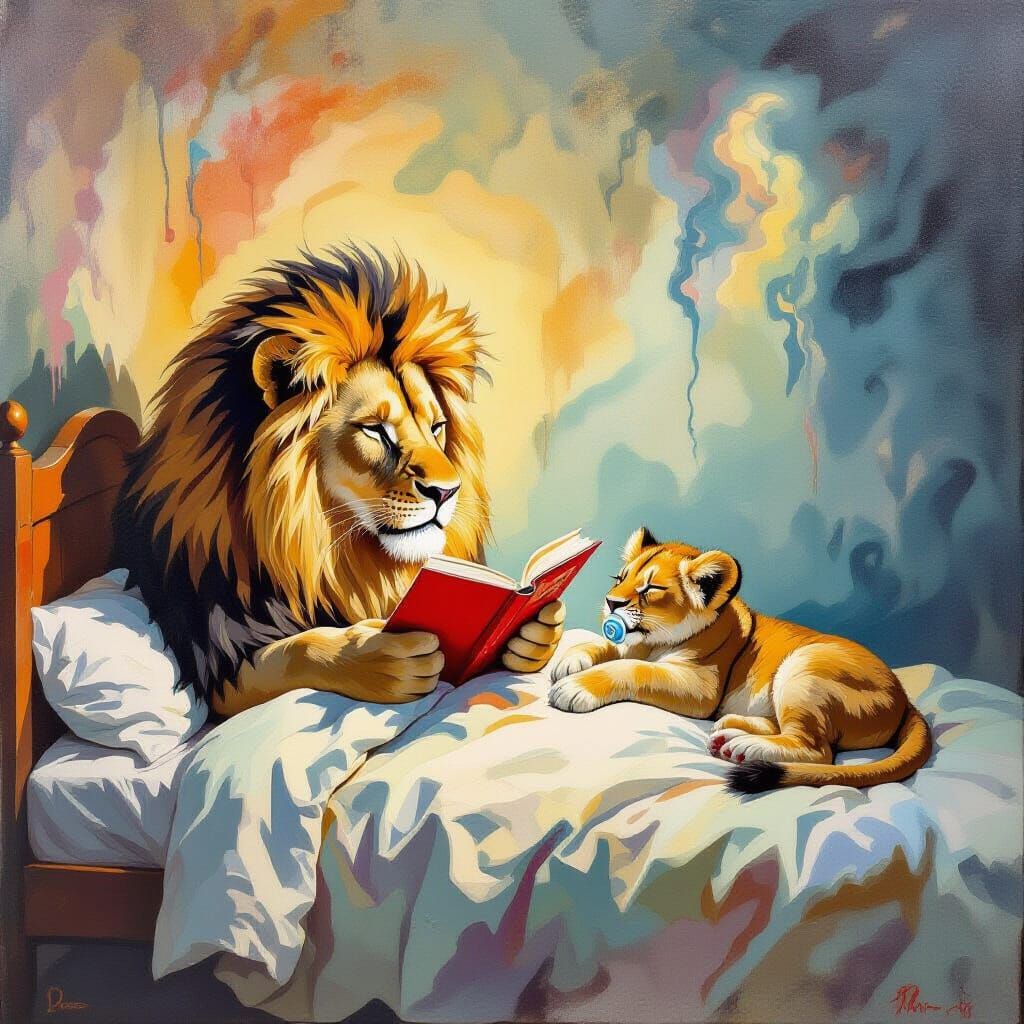 Surrealist Oil Painting of Lion Reading to Cub