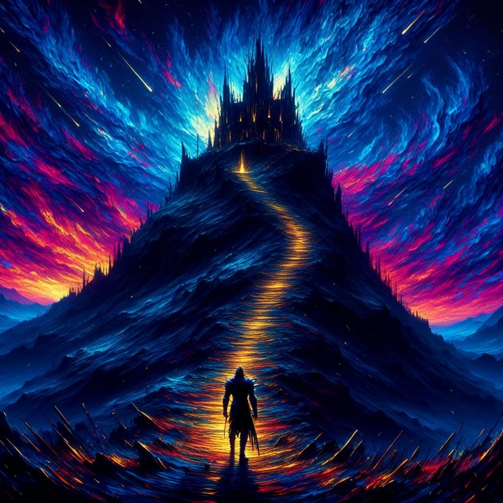 <lora:Comet-Fall:1.3> giant black castle on top of a hill, warrior silhouette walking towards; deep blue epic night sky acrylic paint vivid...