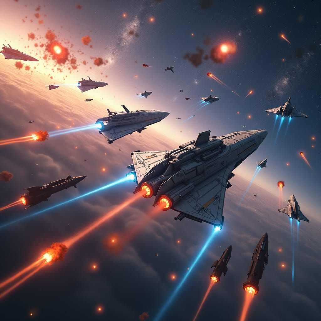 A warfield having hitech spaceships fighting by firing lasers in  space. There should be at least 20 -50 spaceships and lasers and missiles...