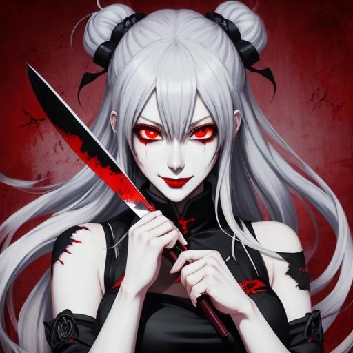 Yandere Girl with Bloody Knife in Anime Style