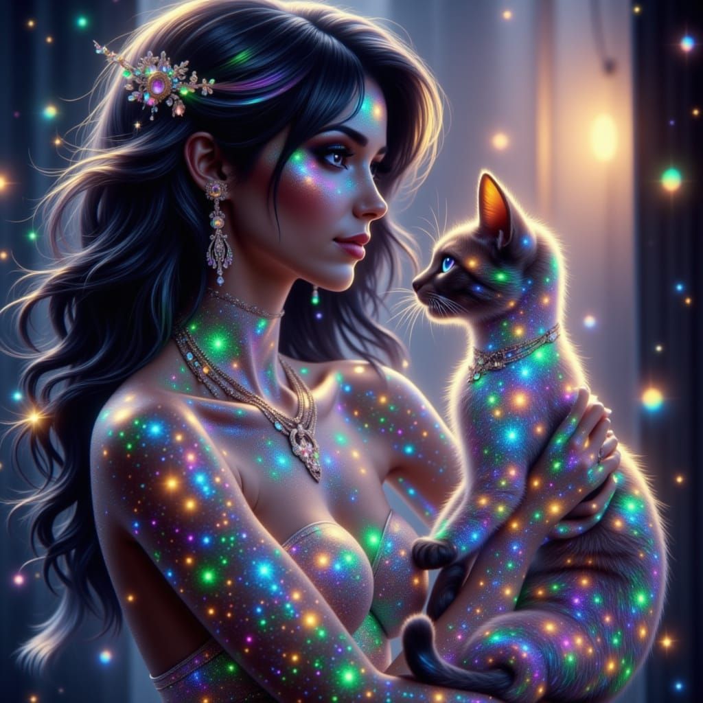 Holographic woman with a calico cat <lora:Holograph Starlight:1.0> 