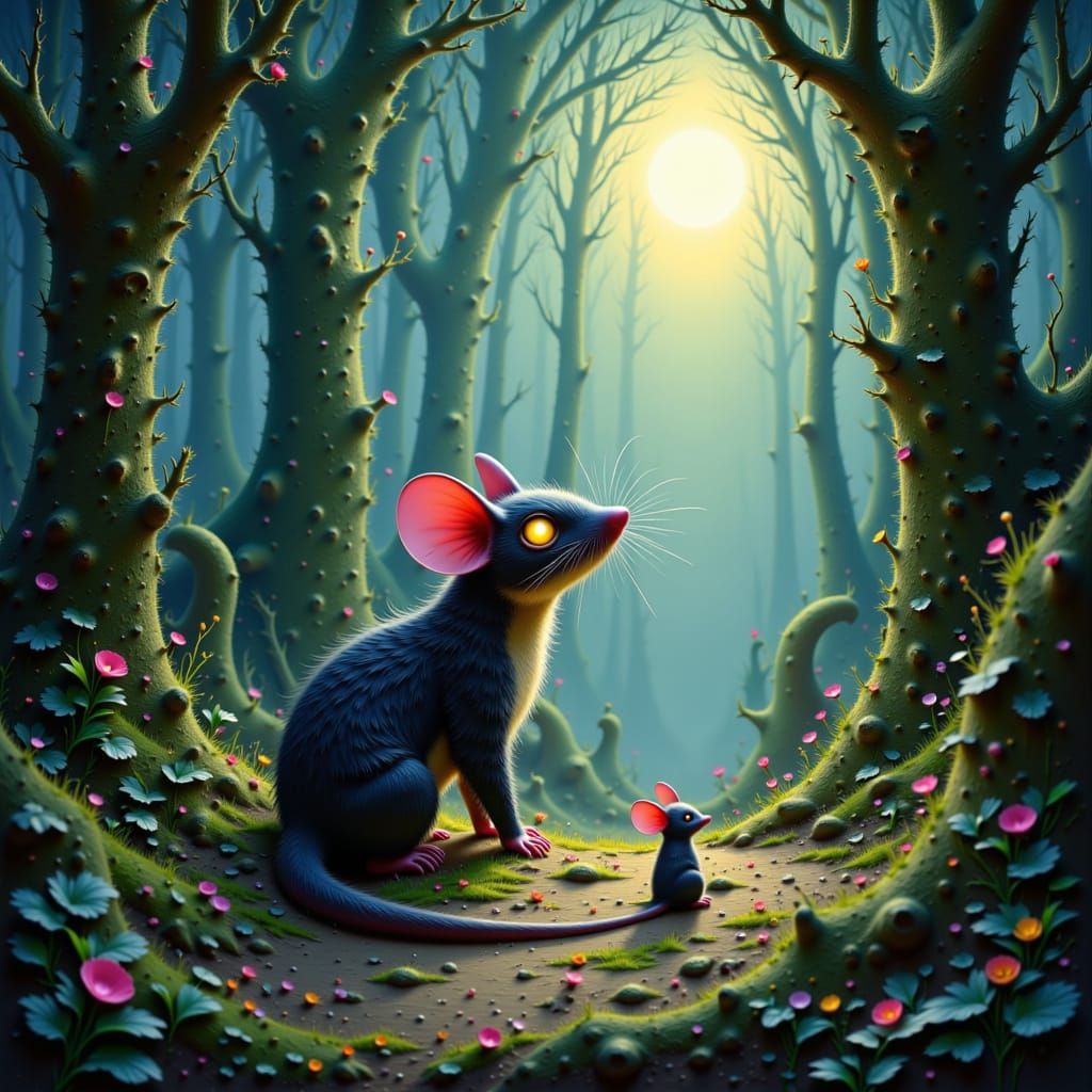 Oil painting. An ethereal, dreamlike forest clearing where a small, whimsical opossum with glowing eyes interacts with tiny, floating sprite...
