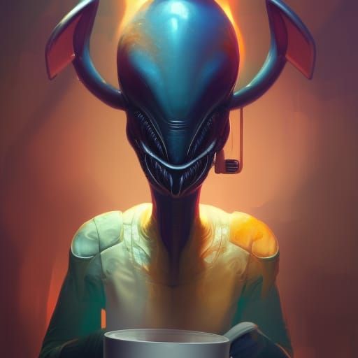 Alien drinking coffee