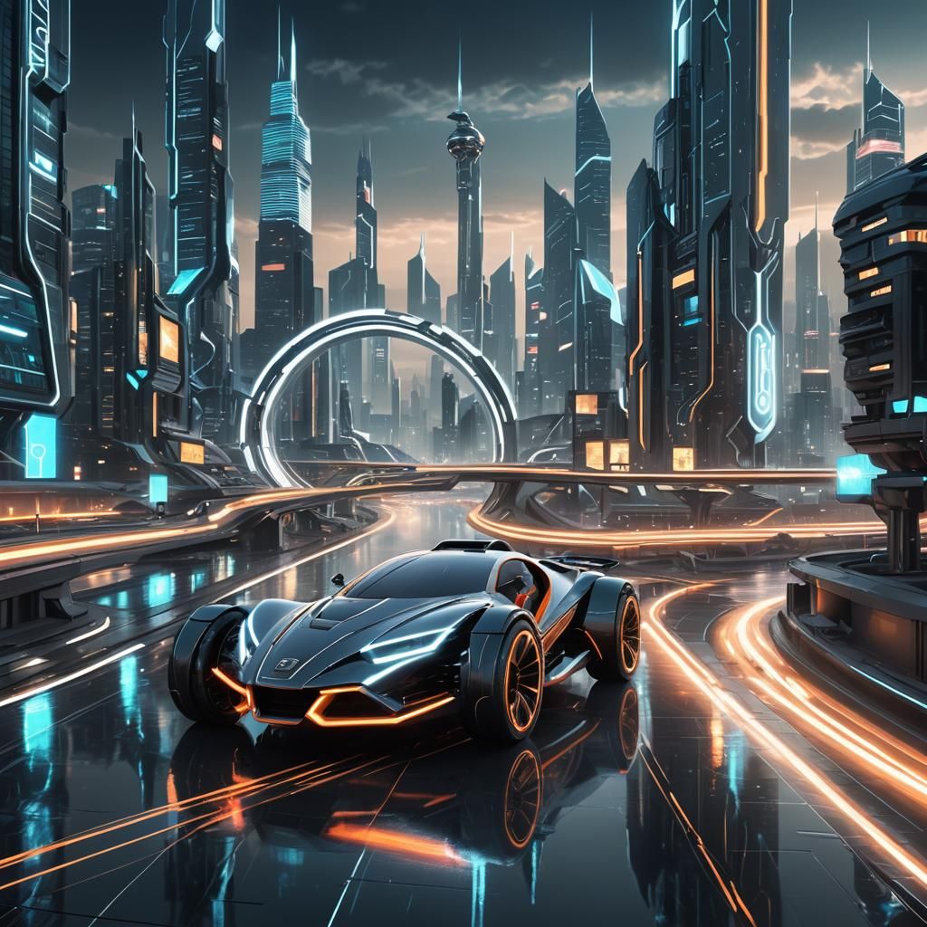 tron style light cycle, futuristic glass city skyline in the...