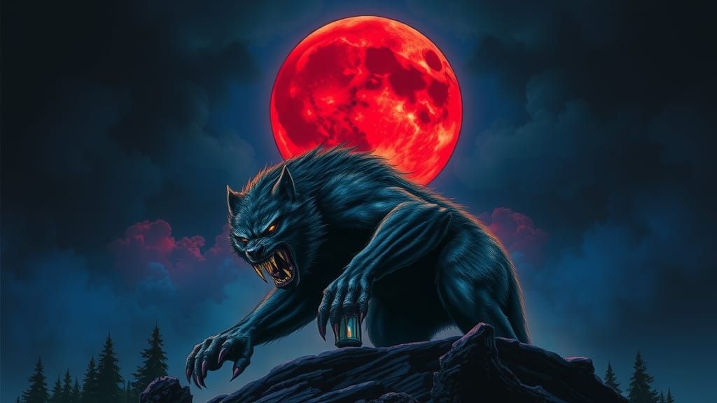 A werewolf lurking under a huge full red moon!