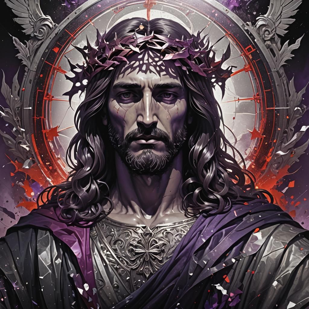The glittering silhouette of Jesus upon disaster in shades o...
