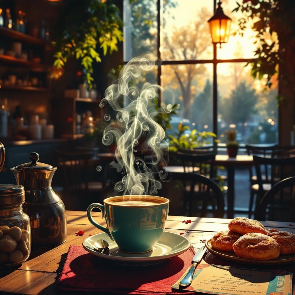 Create a picture of coffee in a cafe and other breakfast digital art realistic
