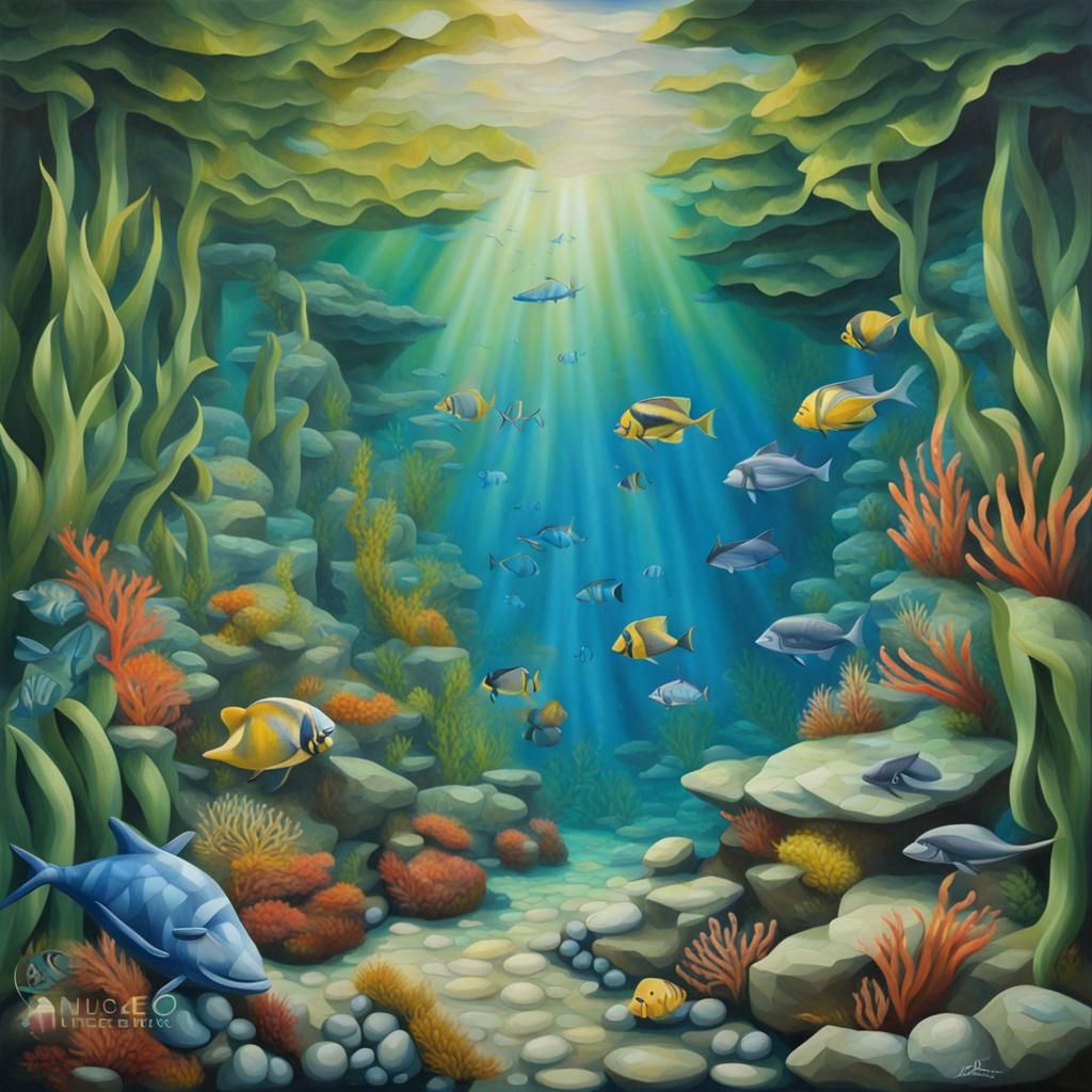 Underwater Mosaic Scene, Oil Painted Airbrush, Jungle