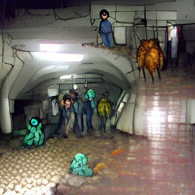 A group of persons exploring an abandoned metro full of expe...