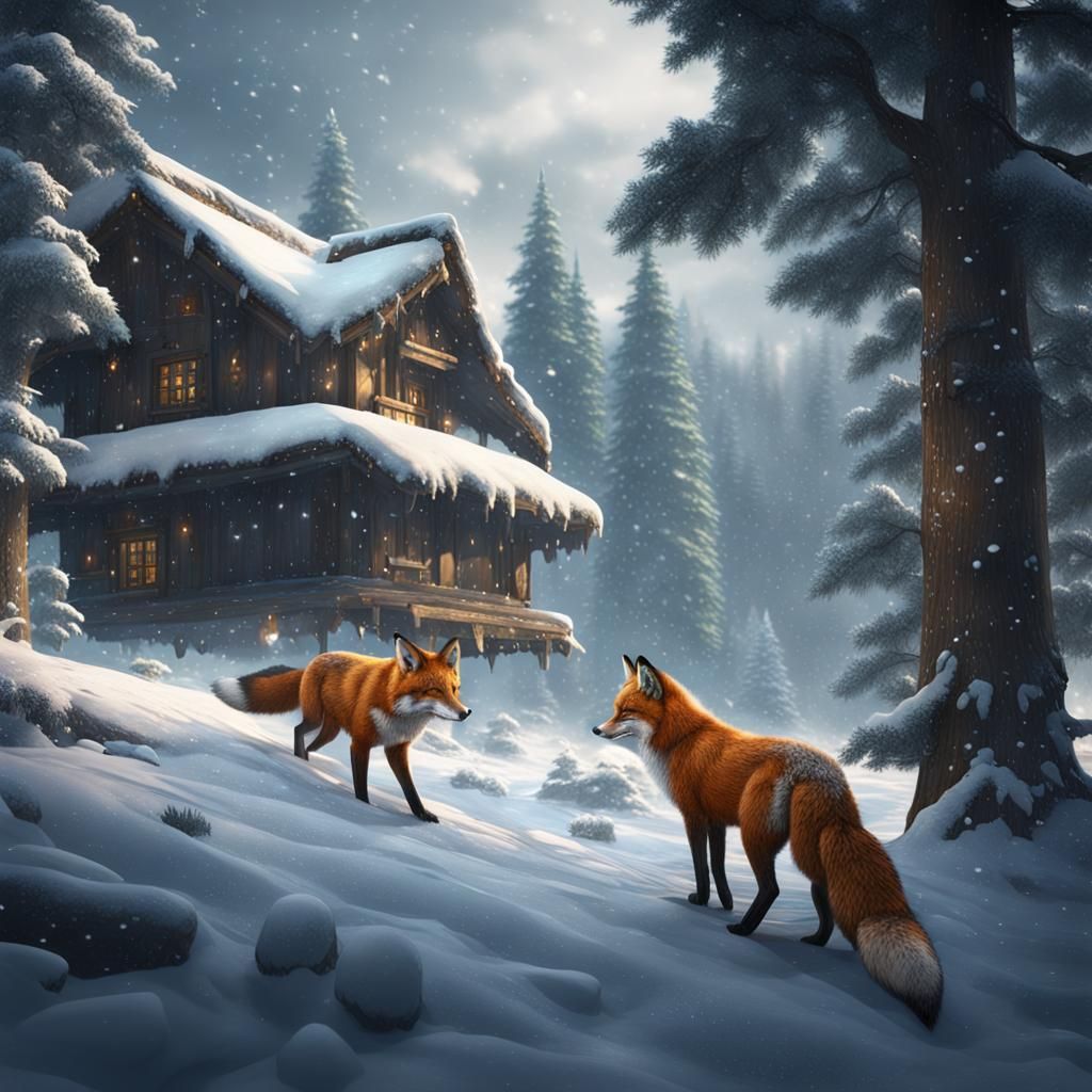 A foxmeets a wolf in the falling snow with evergreens in the...