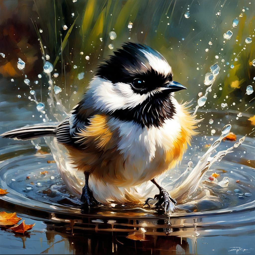 Chickadee birdbath  by @Superbear