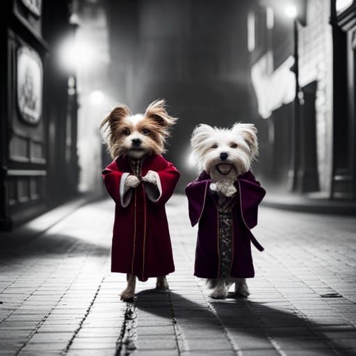 Anthropomorphic 2 miniature dogs in wizard robes , diagon al...