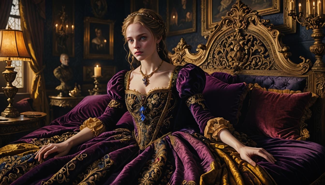 a blue-eyed girl lies on a rich bed in a mansion, 16th centu...