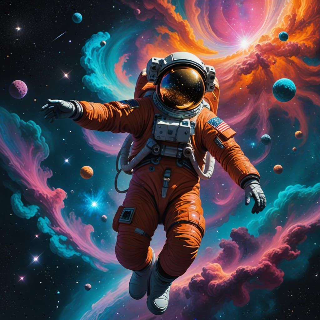 Digital painting. An astronaut floating serenely amidst a vibrant, swirling nebula, reaching out towards a cluster of newly forming stars. T...