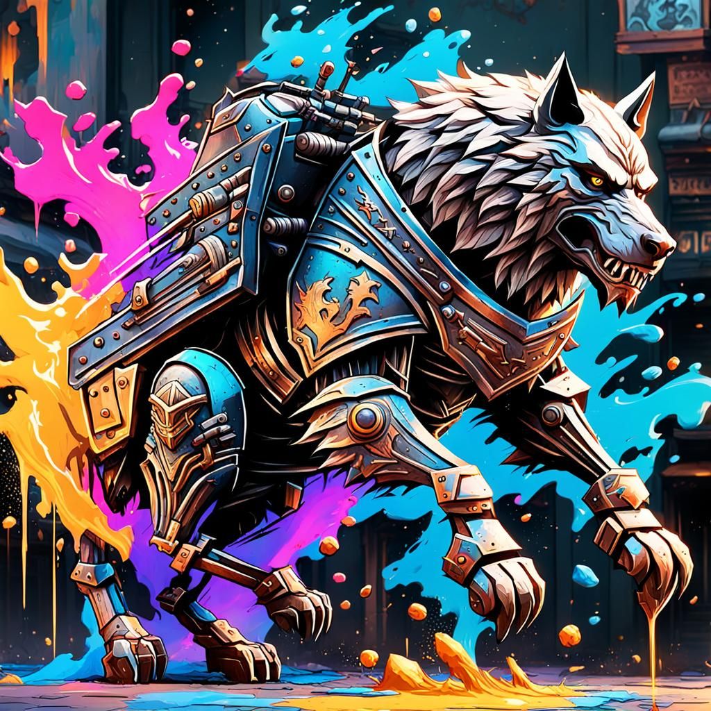 A armored knight riding a werewolf into battle graffiti art,...