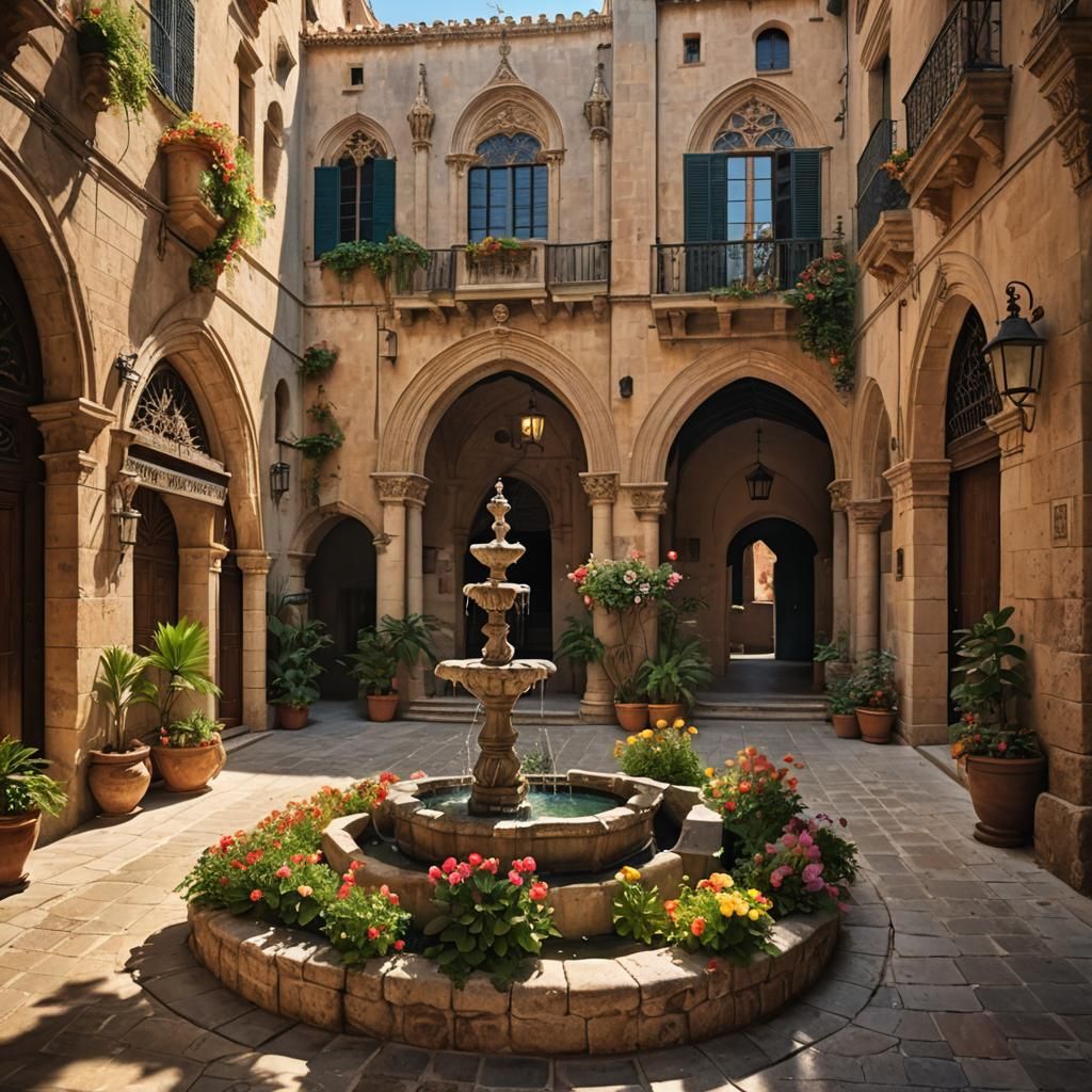 "A beautiful Medieval Courtyard with flowers and a small fou...
