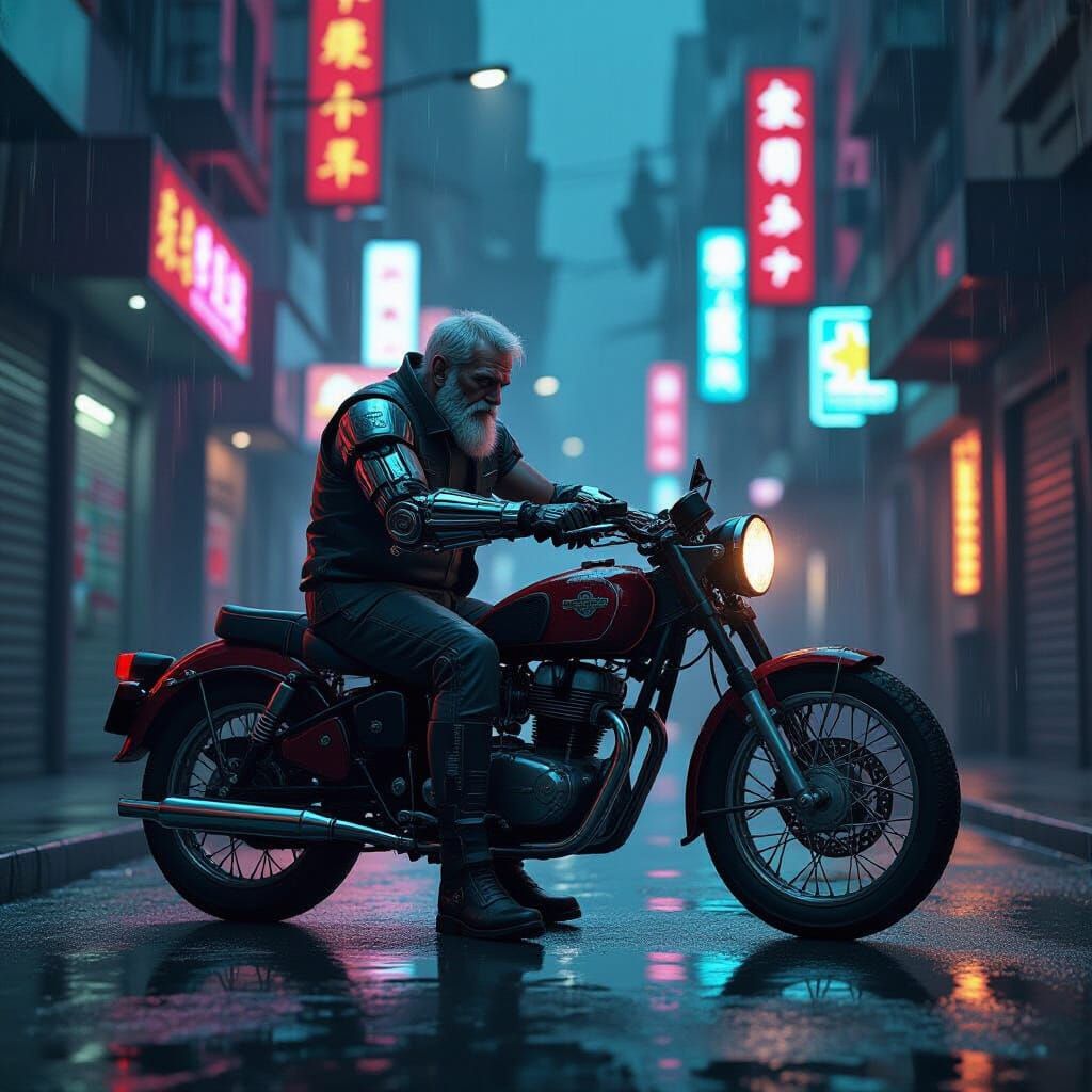 Cybernetic Biker in Neon Alley
