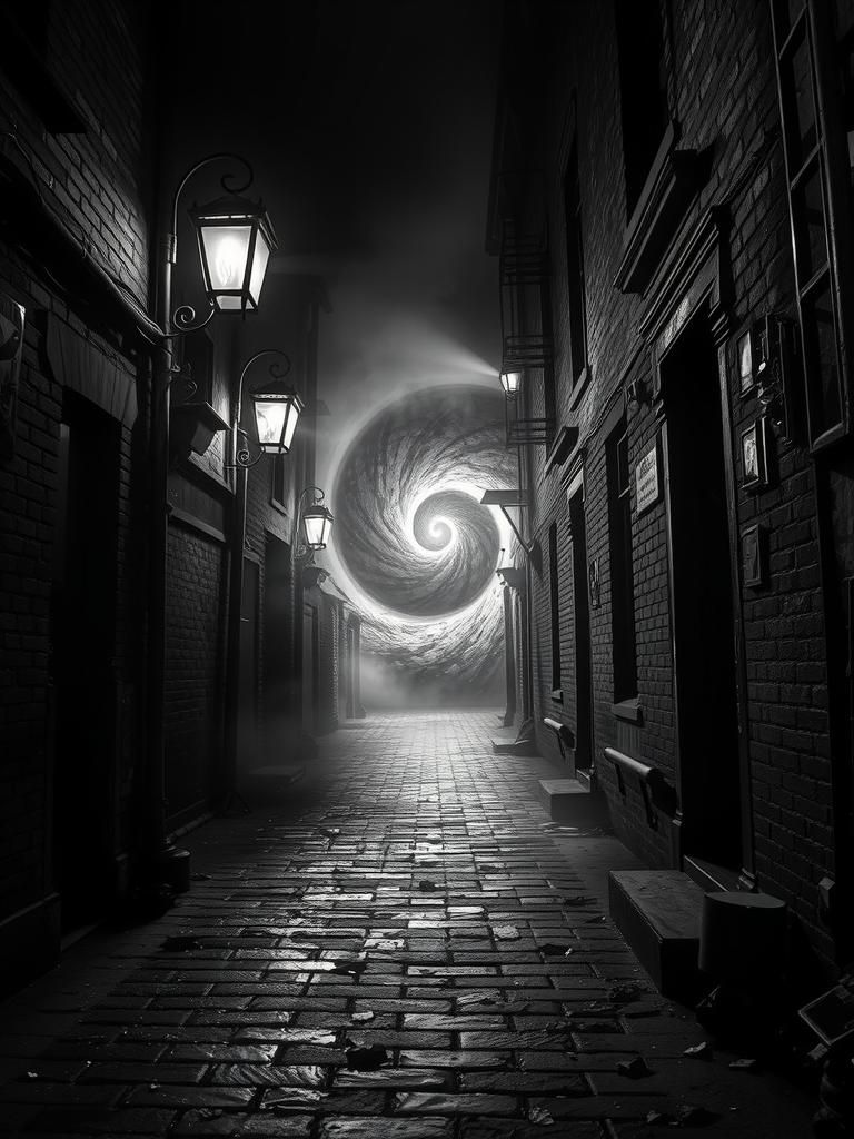 A dimly lit, ominous black and white photograph of a foreboding dead-end alley in China Town, 1929, with crumbling brick walls, worn cobbles...