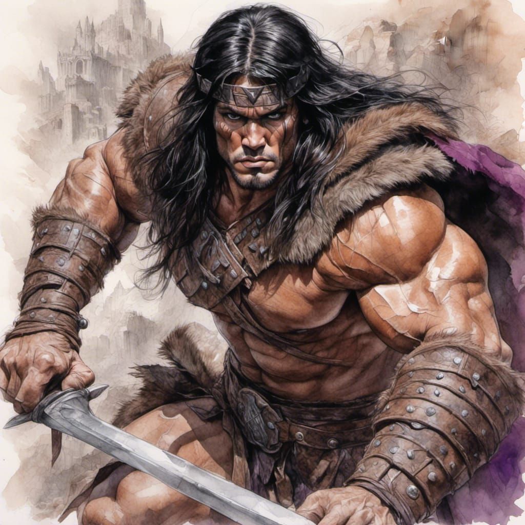 <lora:Swords-n-Sorcery:1.0> Portrait of Conan the Barbarian
