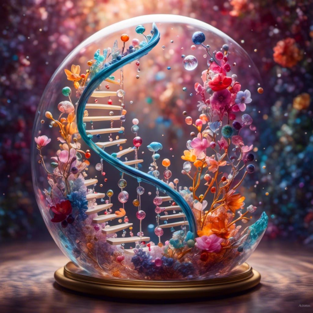 a double helix made of crystal, showing the evolution of life. <lora:Magical glass:1.0>