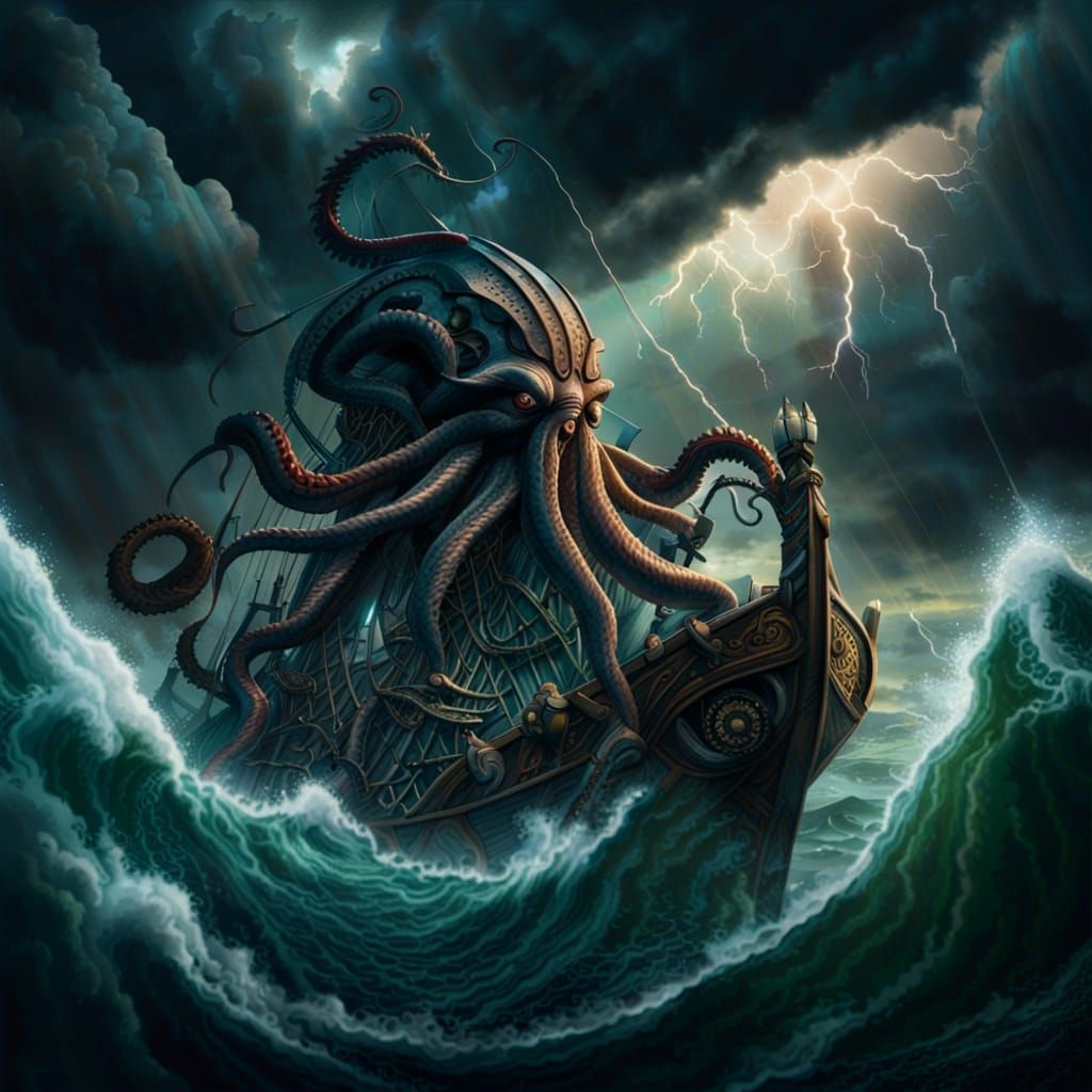 The Kraken in an epic battle. In the middle of the ocean.  Stormy clouds in the background ...  by @undefined