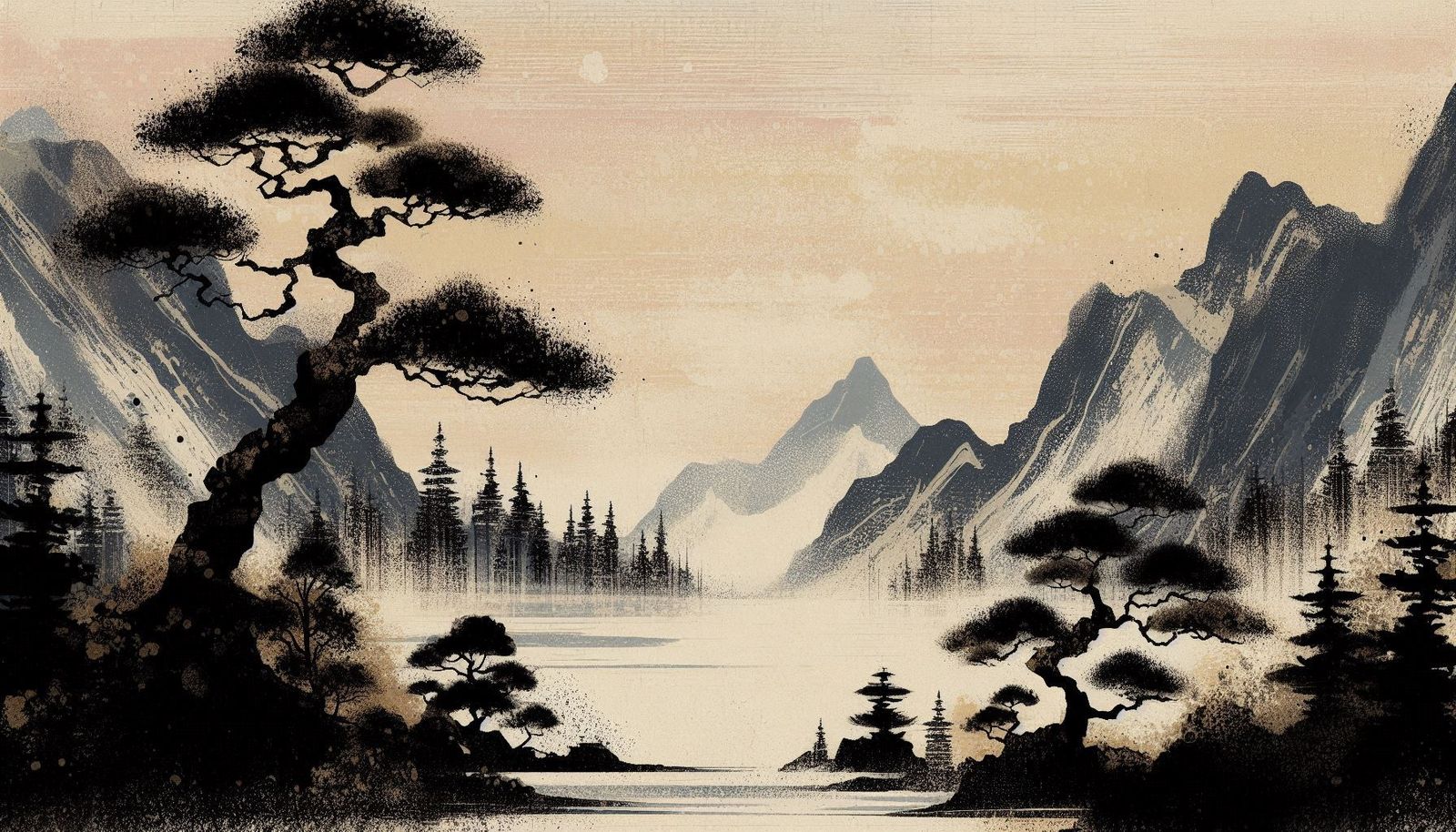 Japanese ink painting of a beautiful landscape