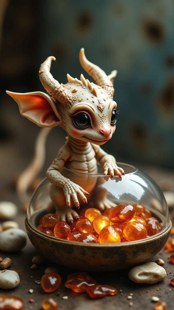 A cute miniature baby dragon sitting in a glass jewelry box overflowing with glowing glass jewelry. <lora:Caffeine Critters:1.0>