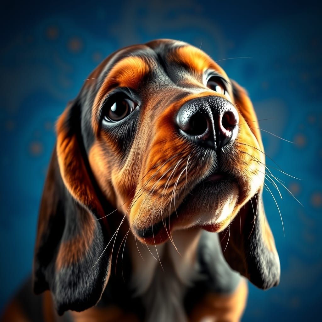 Hyperrealistic photo of an adorable baby Bassett hound dog staring into your soul, against a blue blackdrop ...  by @HermioneSheHulkNinja