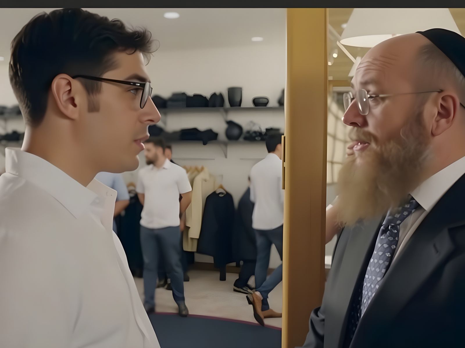 Two Haredi Men Conversing in Brightly Lit Room