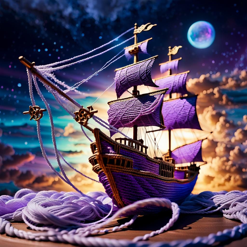 pirate ship made completely Multifaceted rope, twine, string, yarn, ribbon flying like a kite flying. ...  by @Bobi