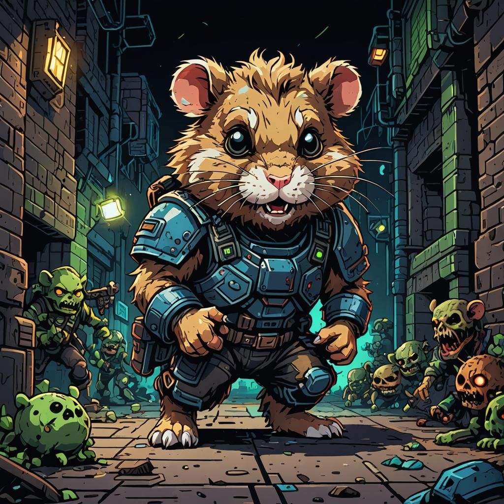 pixel hyperdetailed ink drawing, pixel art, cool and dark random colors, popular one happy hamster-combat  Playing a musical instrument, hap...