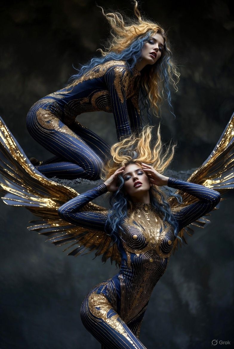 Ultra-cinematic triptych of a fierce pin-up icon in fluid mo...