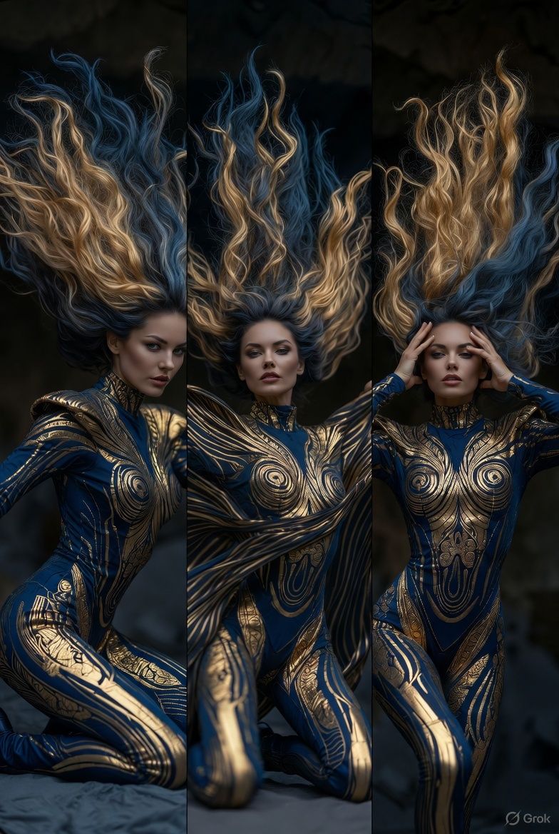 Ultra-cinematic triptych of a fierce pin-up icon in fluid mo...