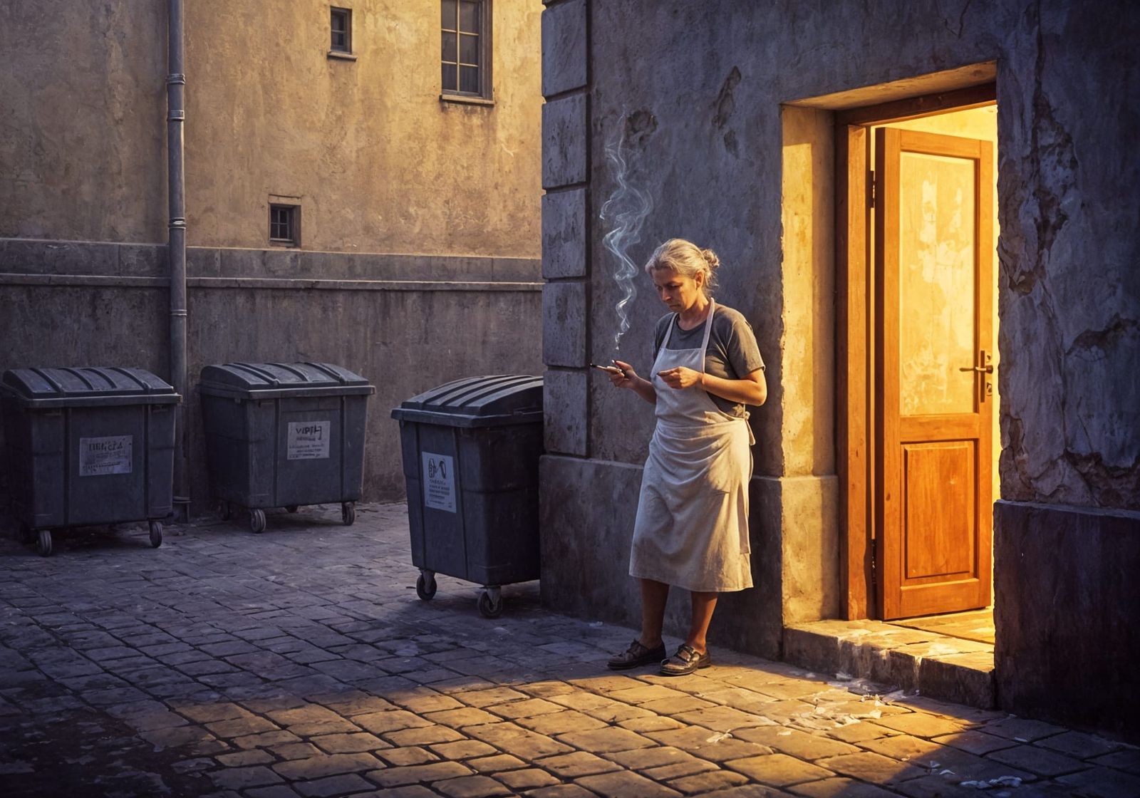 Dusk Alley Scene with Glowing Taverna and Tired Waitress