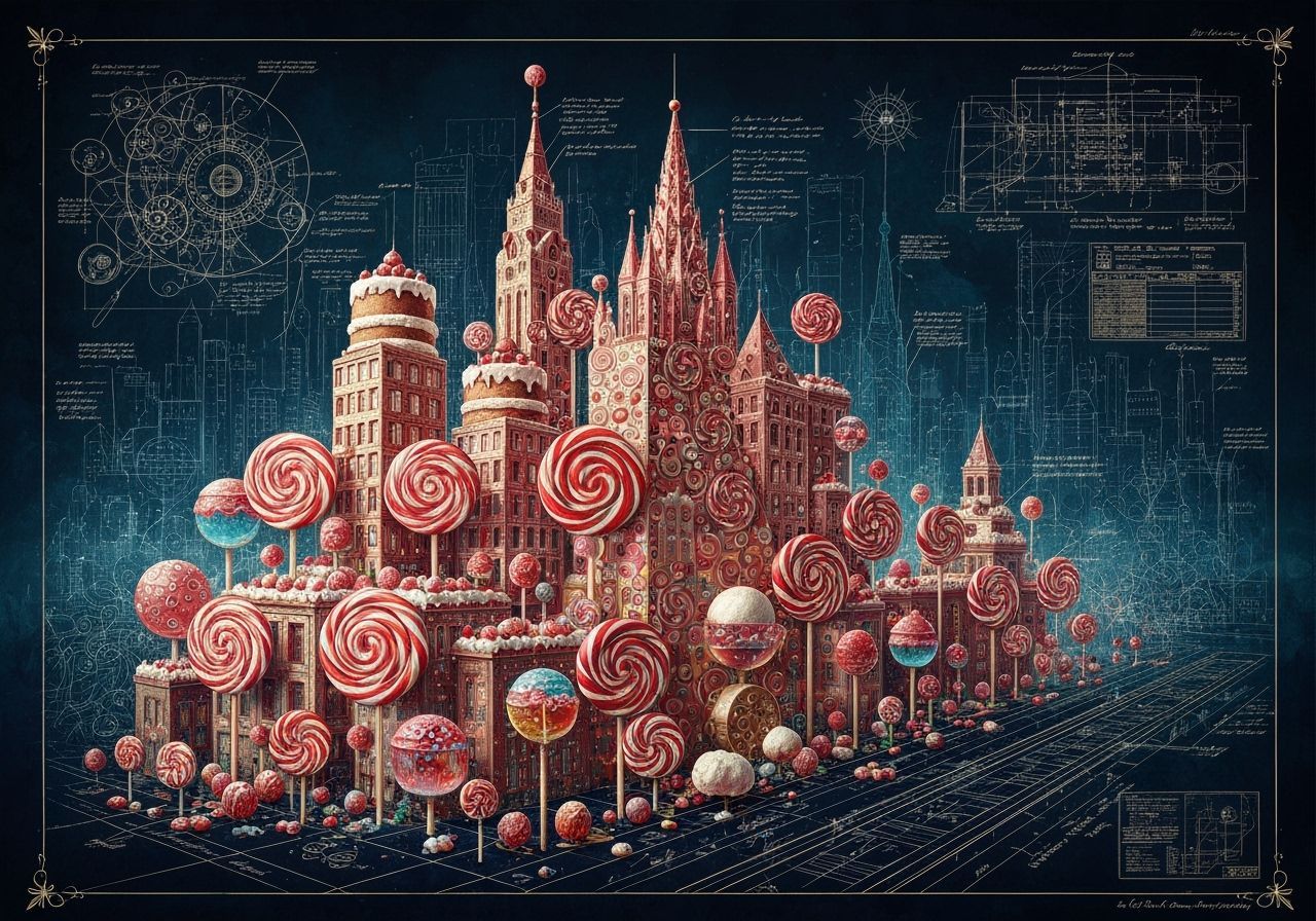 Detailed annotated engineering Blueprint by Pranckevičius Intricately detailed A glowing city skyline built entirely from lollipops and suga...