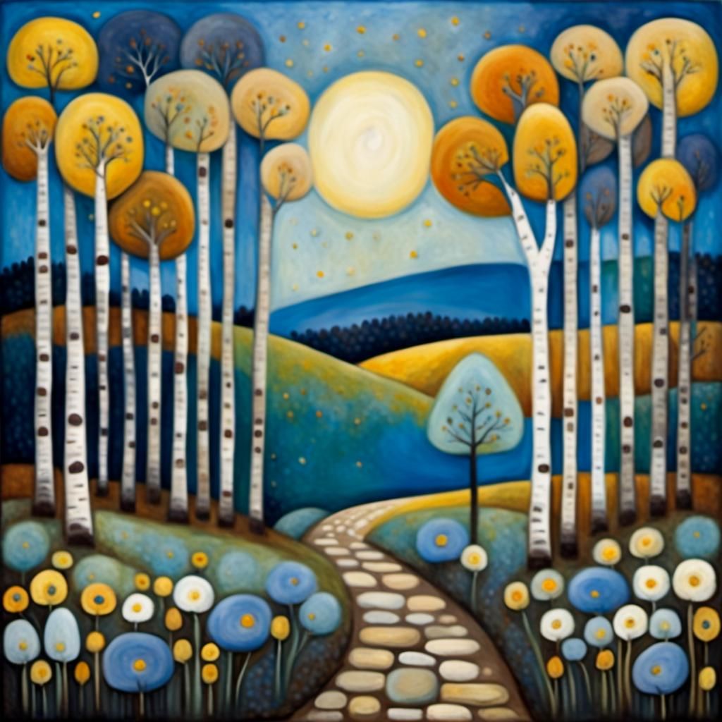 beautiful landscape of birch trees, a road paved with stones...