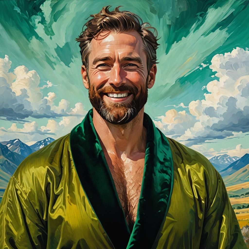 Joyful Bearded Man in Velvet Robe, Impressionist Style