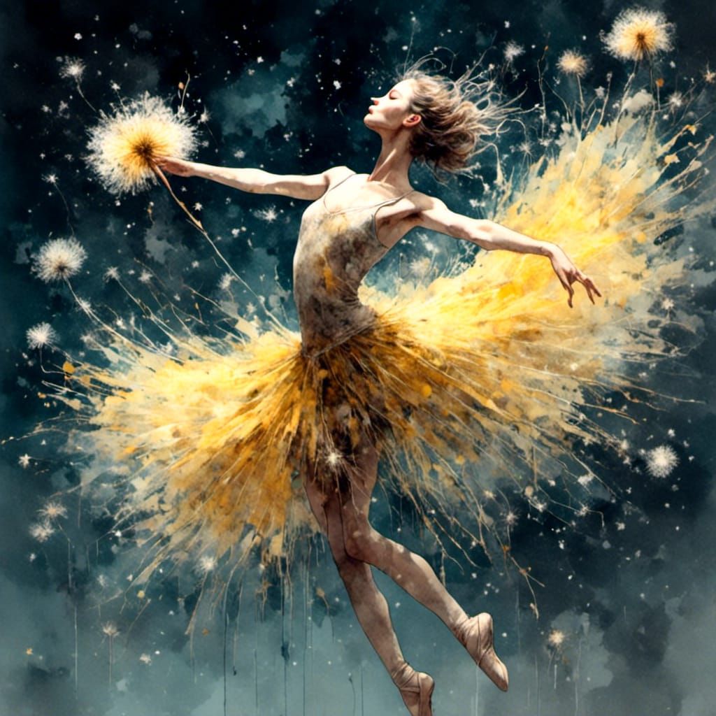 A ballerina whose costume looks somewhat like a dandelion, d...