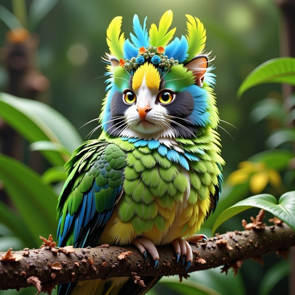 <lora:Flux Cat Parrot:1.0> Cat parrot hybrid, sitting on a branch