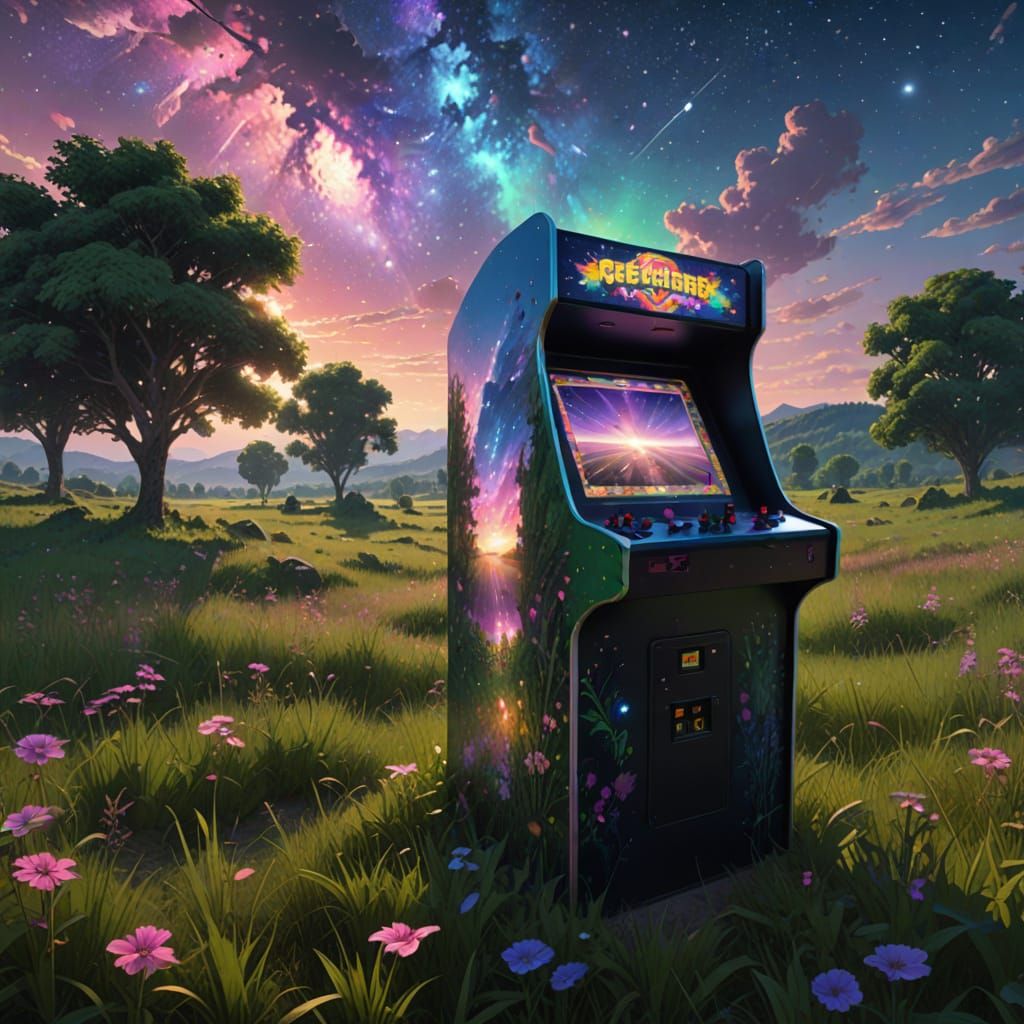 An arcade machine in a meadow
 - magnificent - nebula galaxy - pink purple green - Gustave Courbet - in the fields - light at dawn 8k resolu...