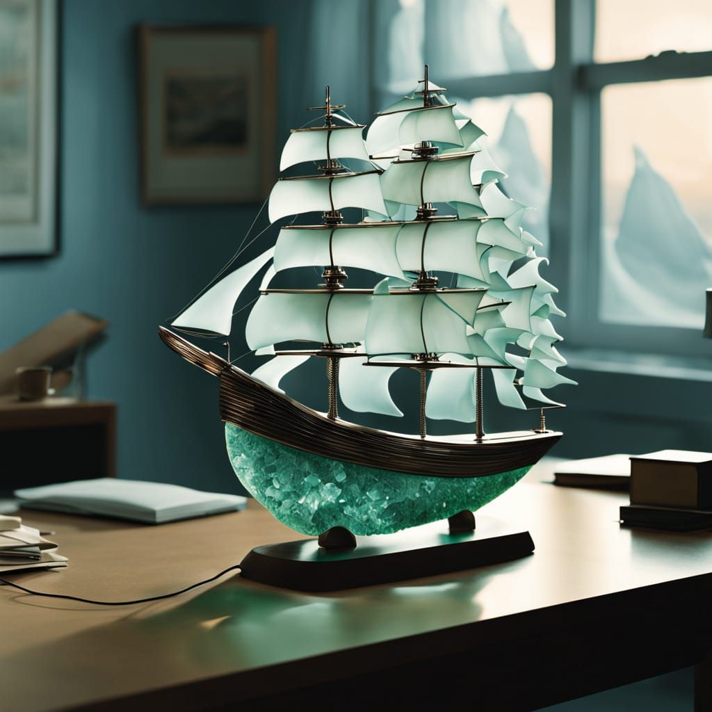 sculpture made entirely of translucent sea-glass  of a clipper ship on a stormy sea. the sculpture is ...  by @Venkman1969