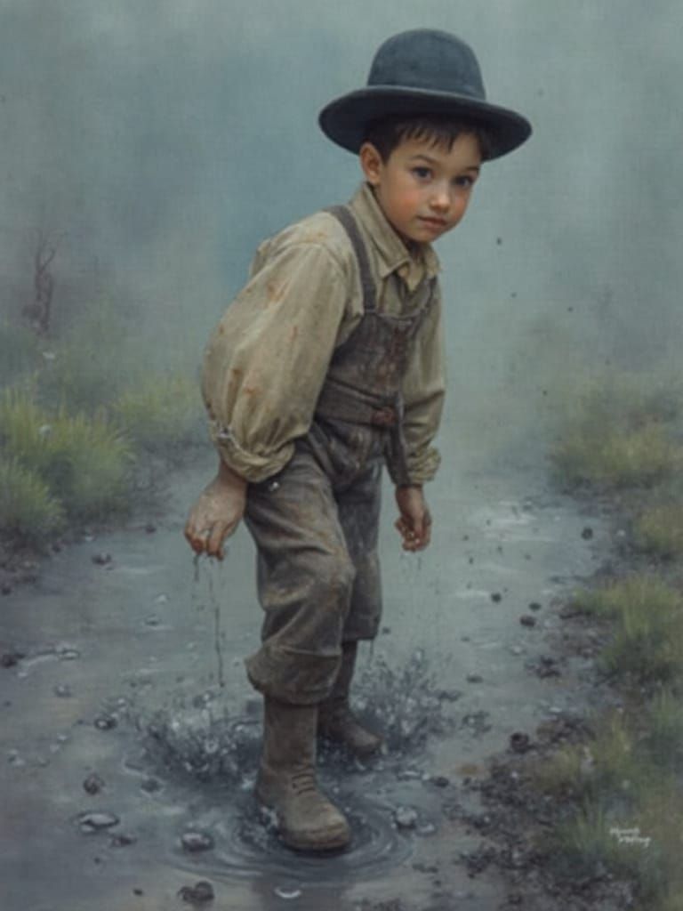 Orthodox Boy Plays in Mud, Watercolor Style