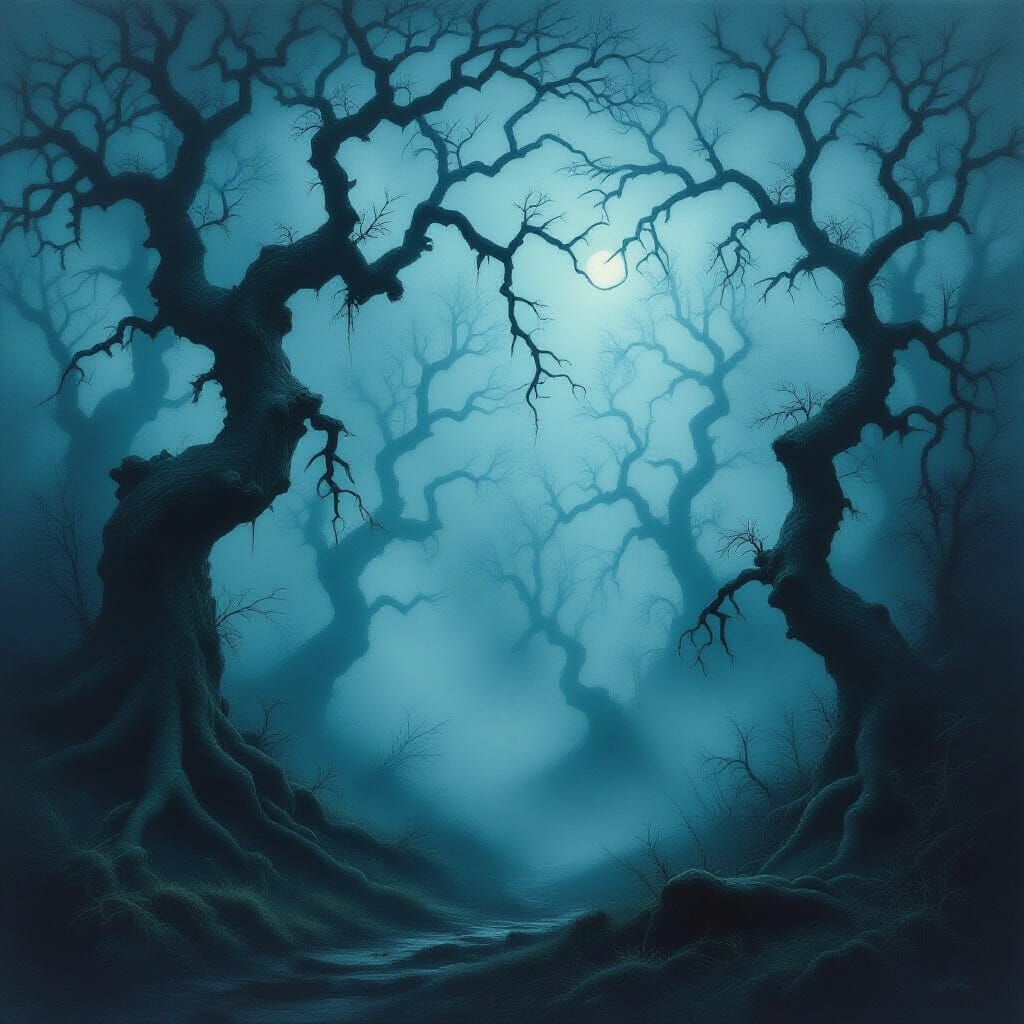 A mist-shrouded forest at twilight. A will o' whisp dances in the forest. Ancient, gnarled trees with twisted branches loom overhead, their forms barely visible through the thick...